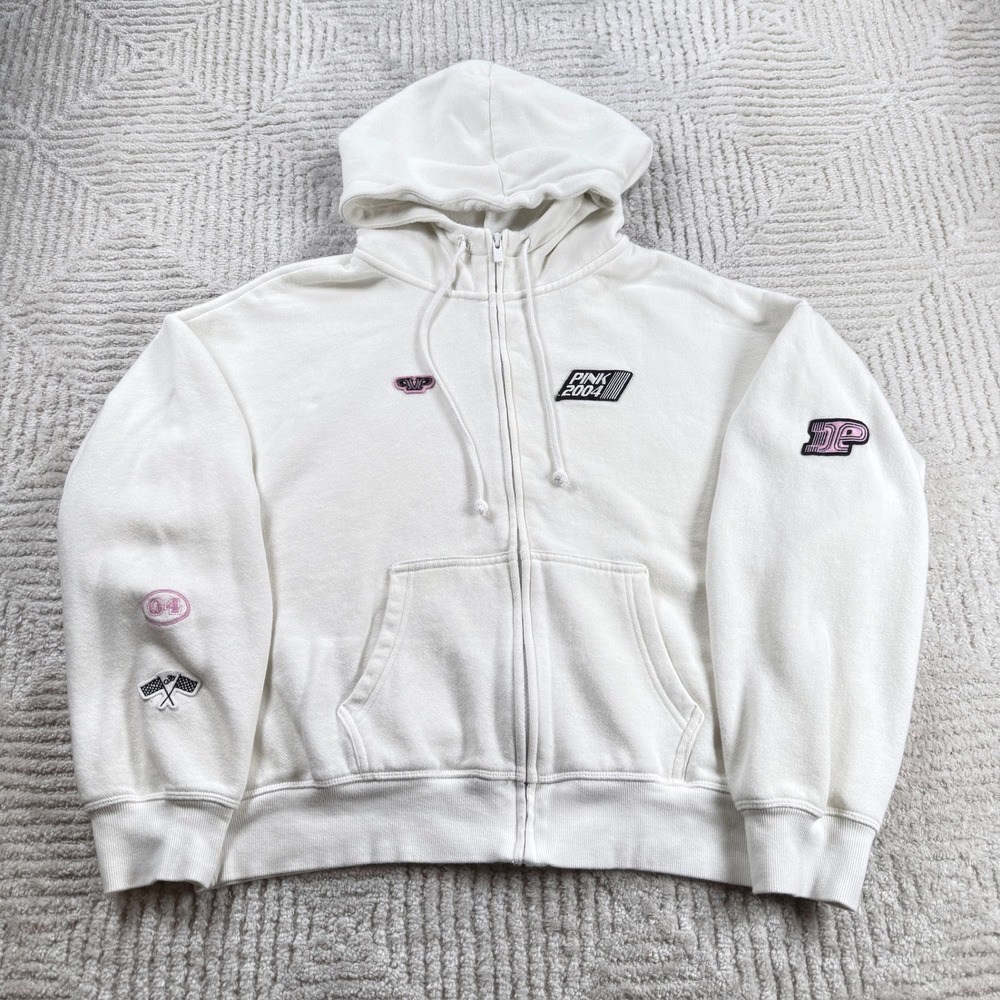 Victoria's Secret PINK Racing Hoodie Women's Small White Graphic Y2K Streetwear